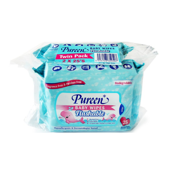 PUREEN BABY WIPES FLUSHABLE 25'SX2'S